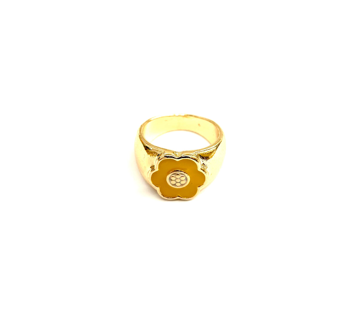 Fingerring med et blomsterformet hoved i gult