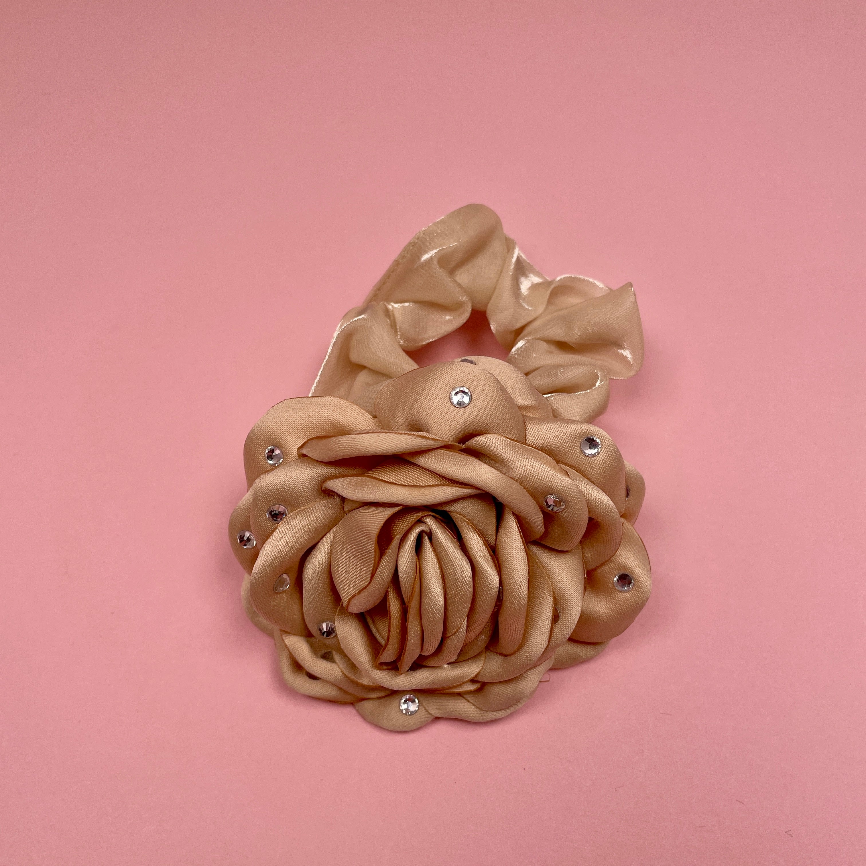 Rhinestone Rose Scrunchie - Beige