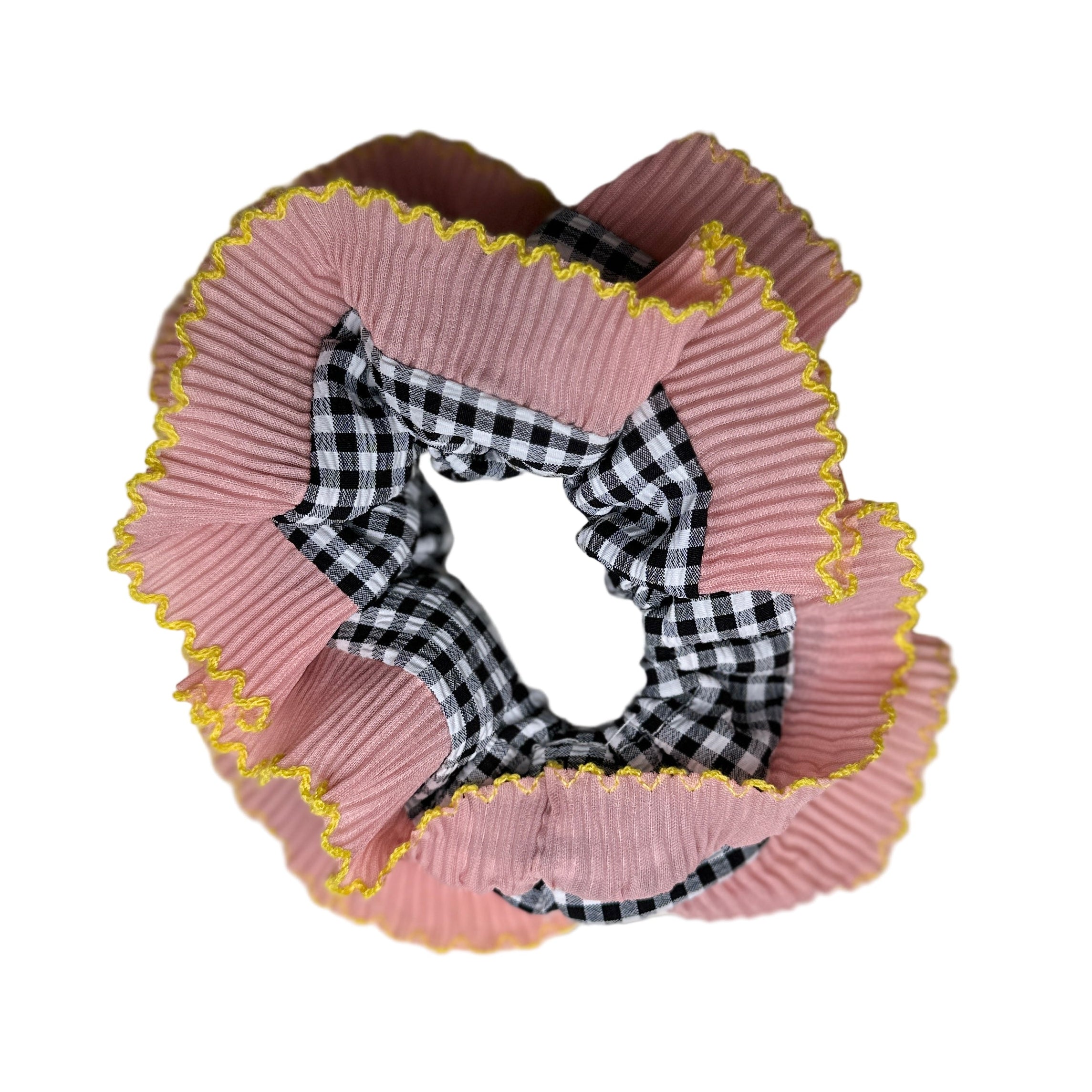 Ruffle Gingham Scrunchie - Black &amp; Pink