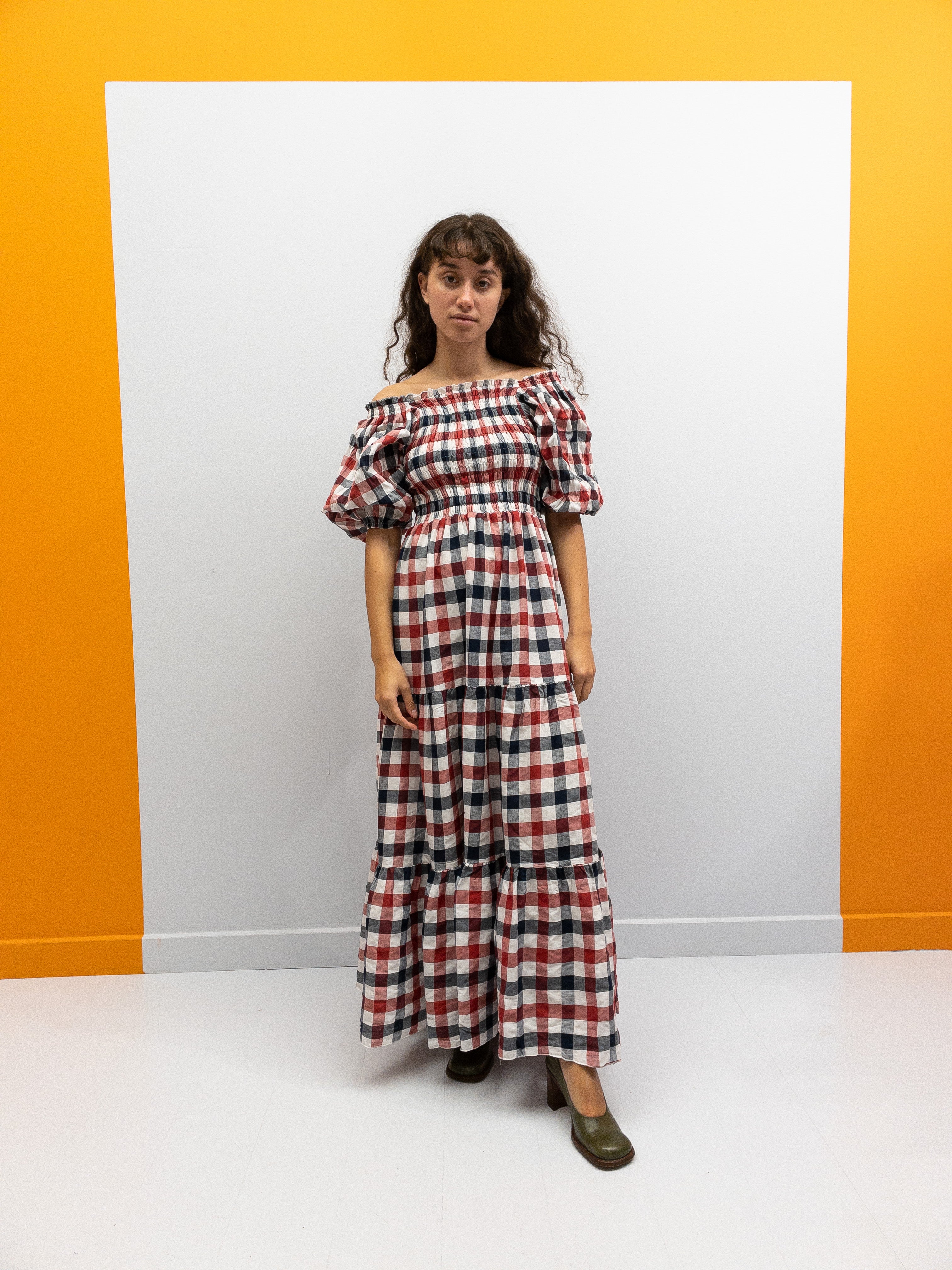 Off Shoulder Smock Dress - Red/Black/White Plaid