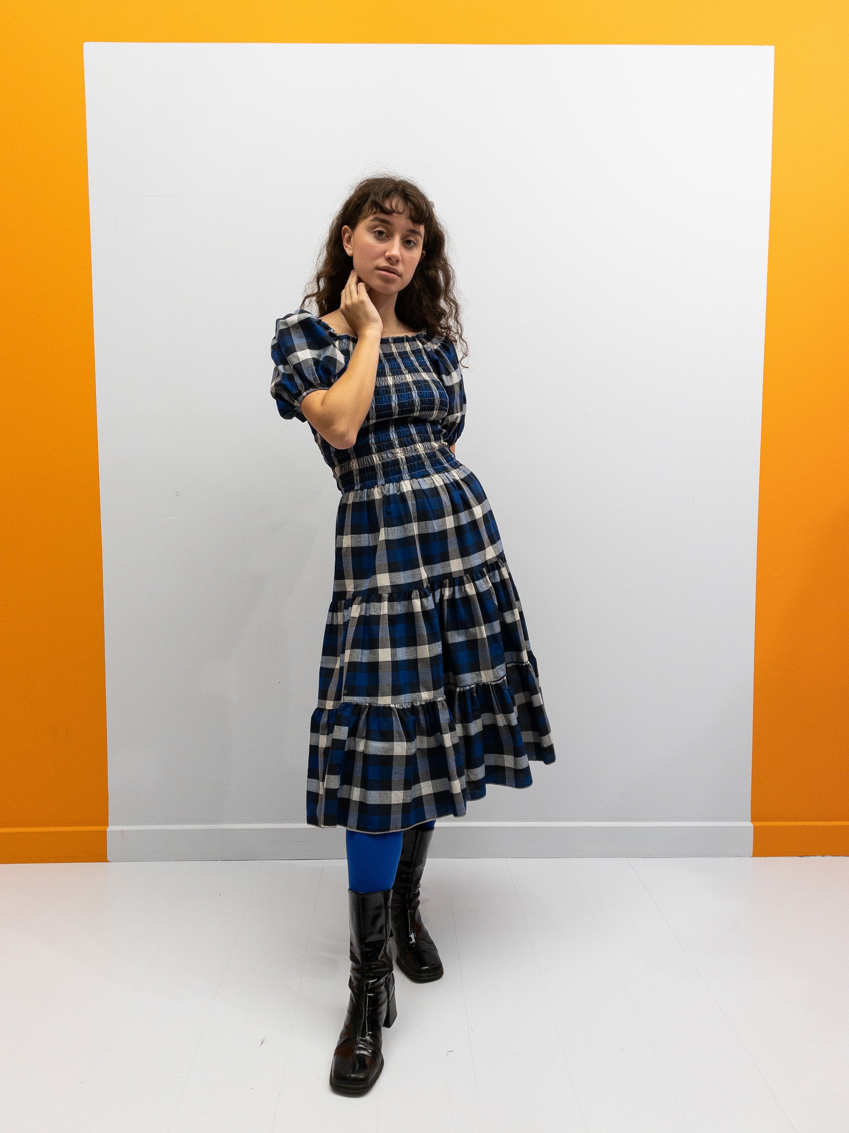 Off Shoulder Smock Dress Short - Dark Blue Check