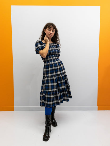 Off Shoulder Smock Dress Short - Dark Blue Check