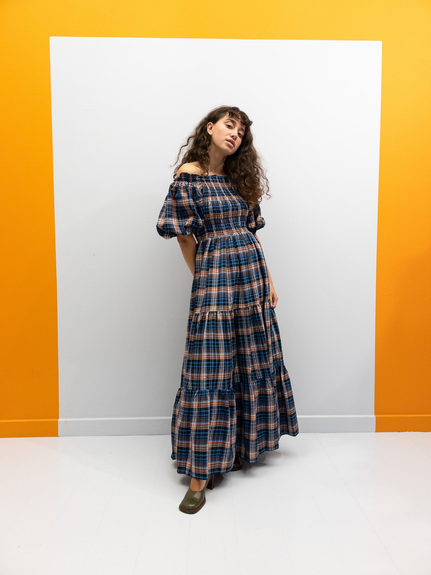 Off Shoulder Smock Dress - Blue/Brown Plaid