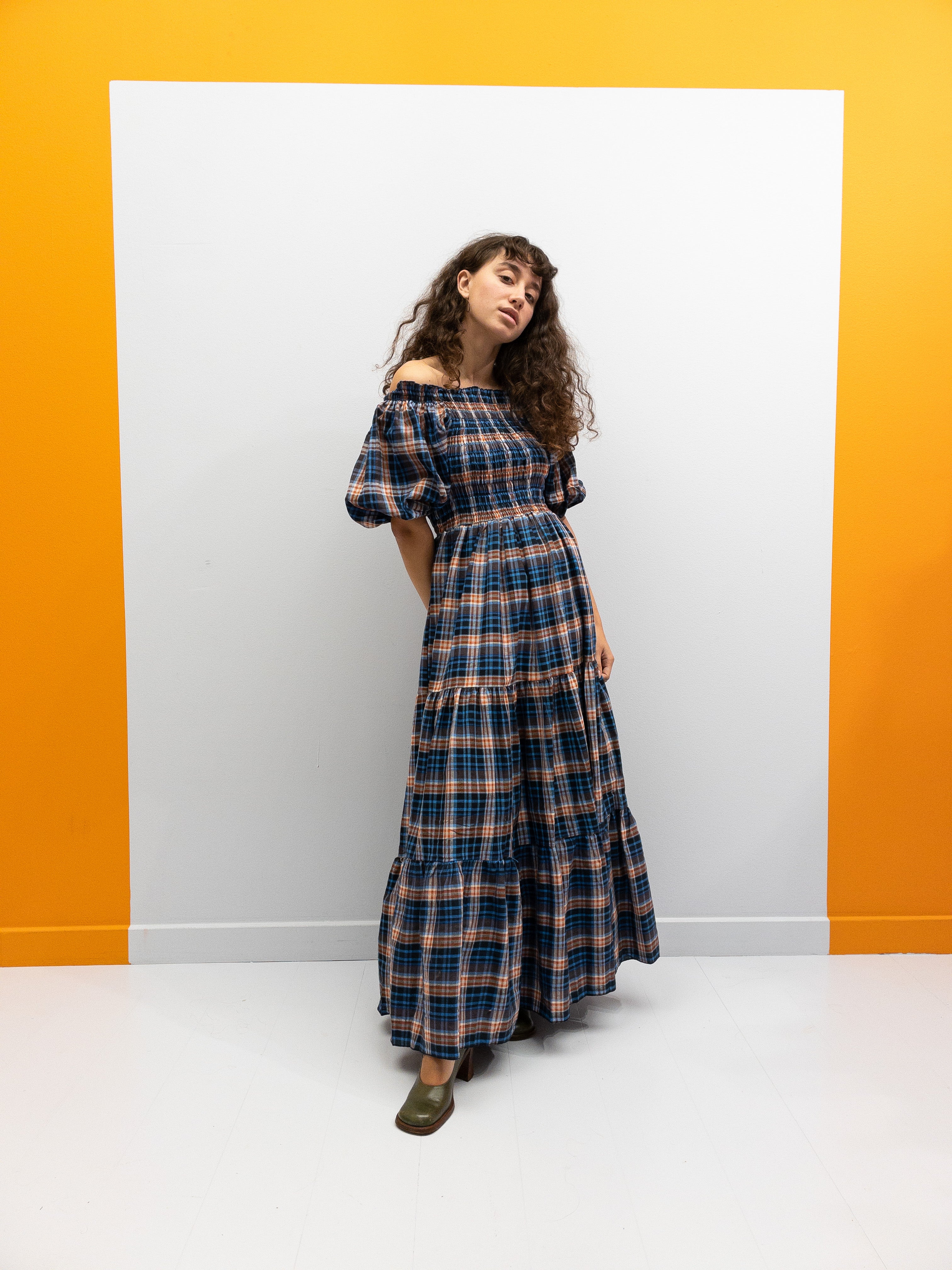 Off Shoulder Smock Dress - Blue/Brown Plaid