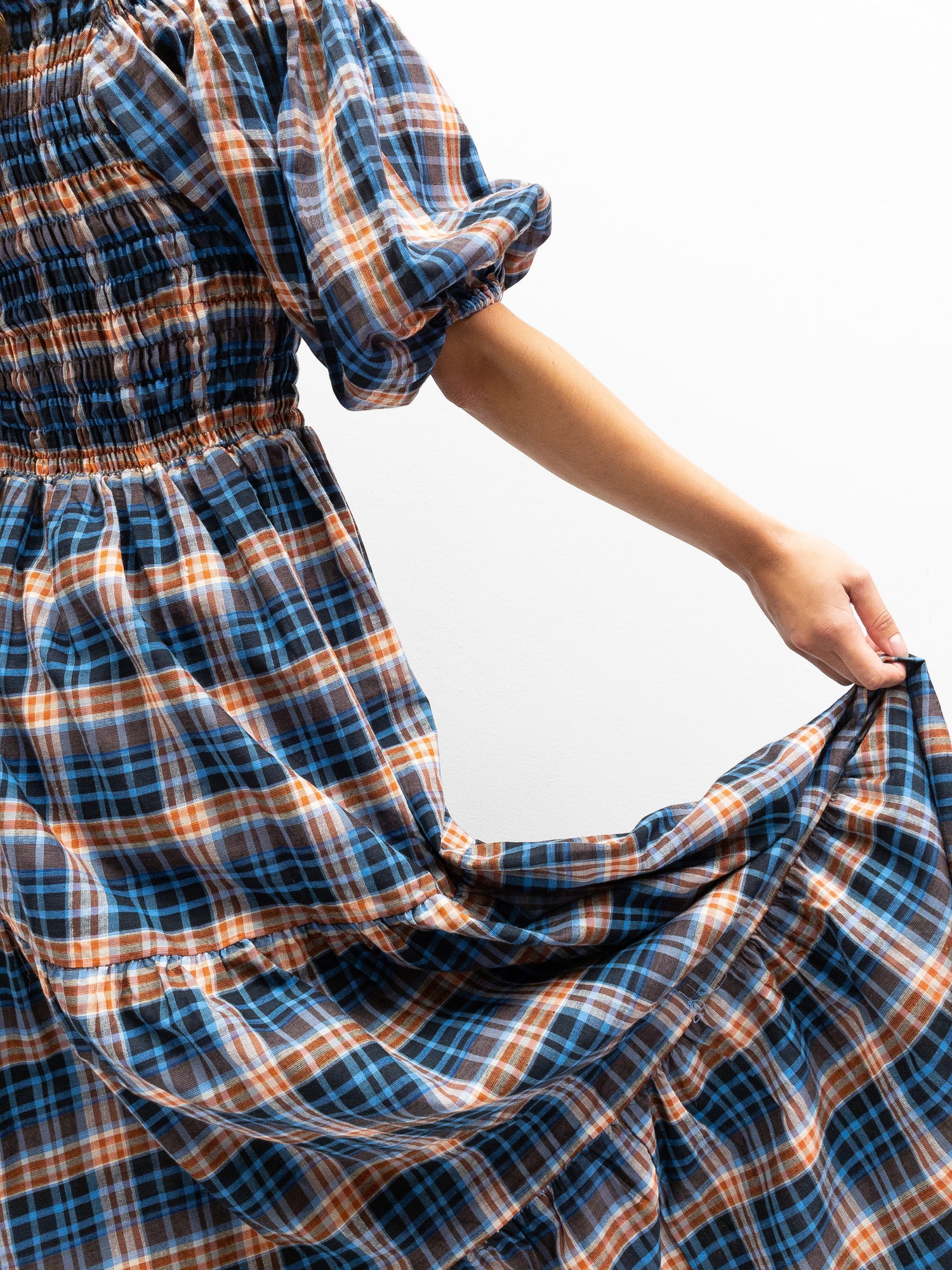 Off Shoulder Smock Dress - Blue/Brown Plaid