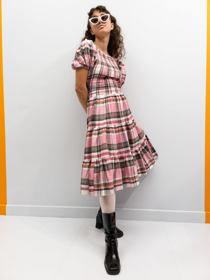 Off Shoulder Smock Dress Short - Pink Check