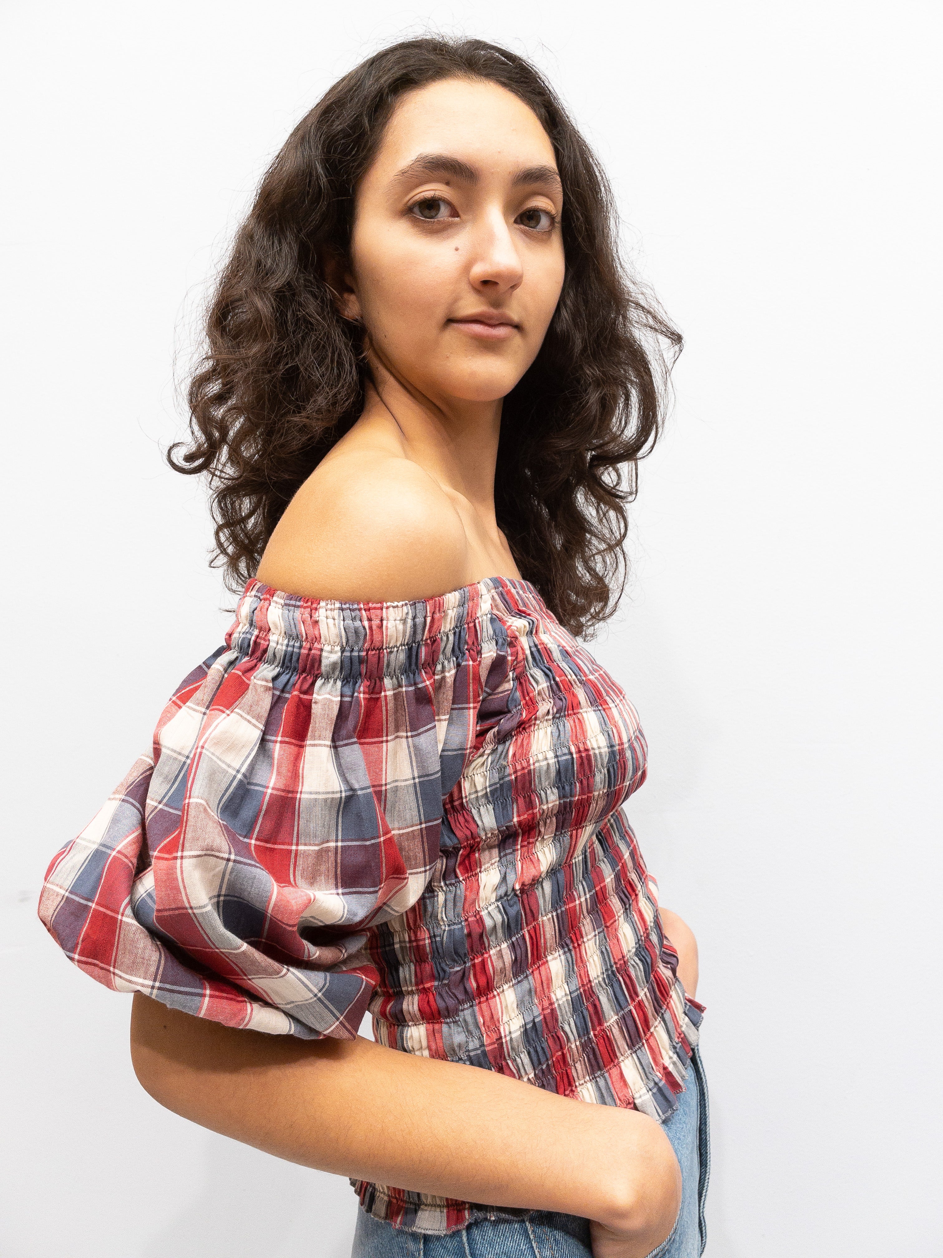Puff Top - Red/Beige Check