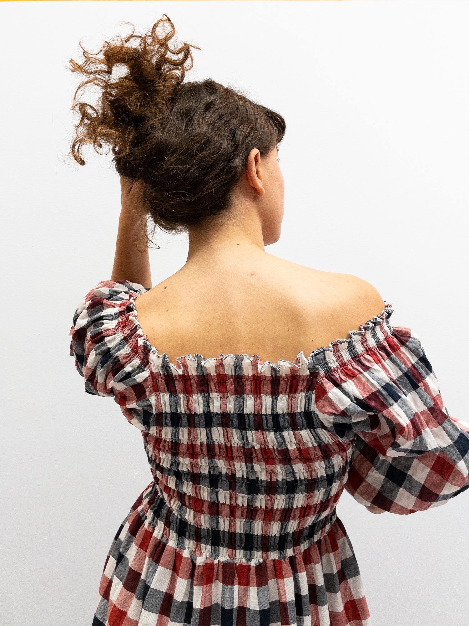 Off Shoulder Smock Dress - Red/Black/White Plaid