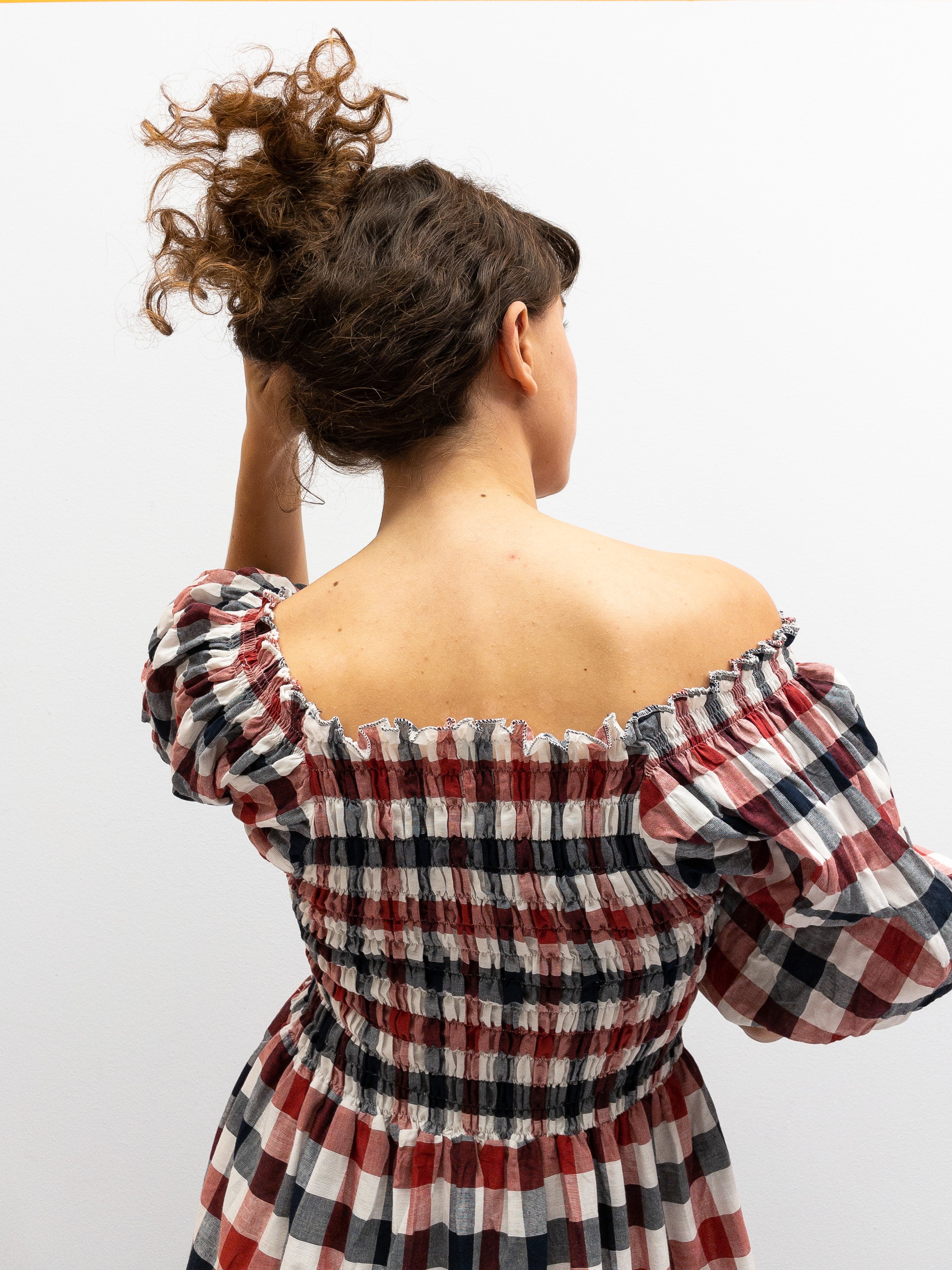 Off Shoulder Smock Dress - Red/Black/White Plaid