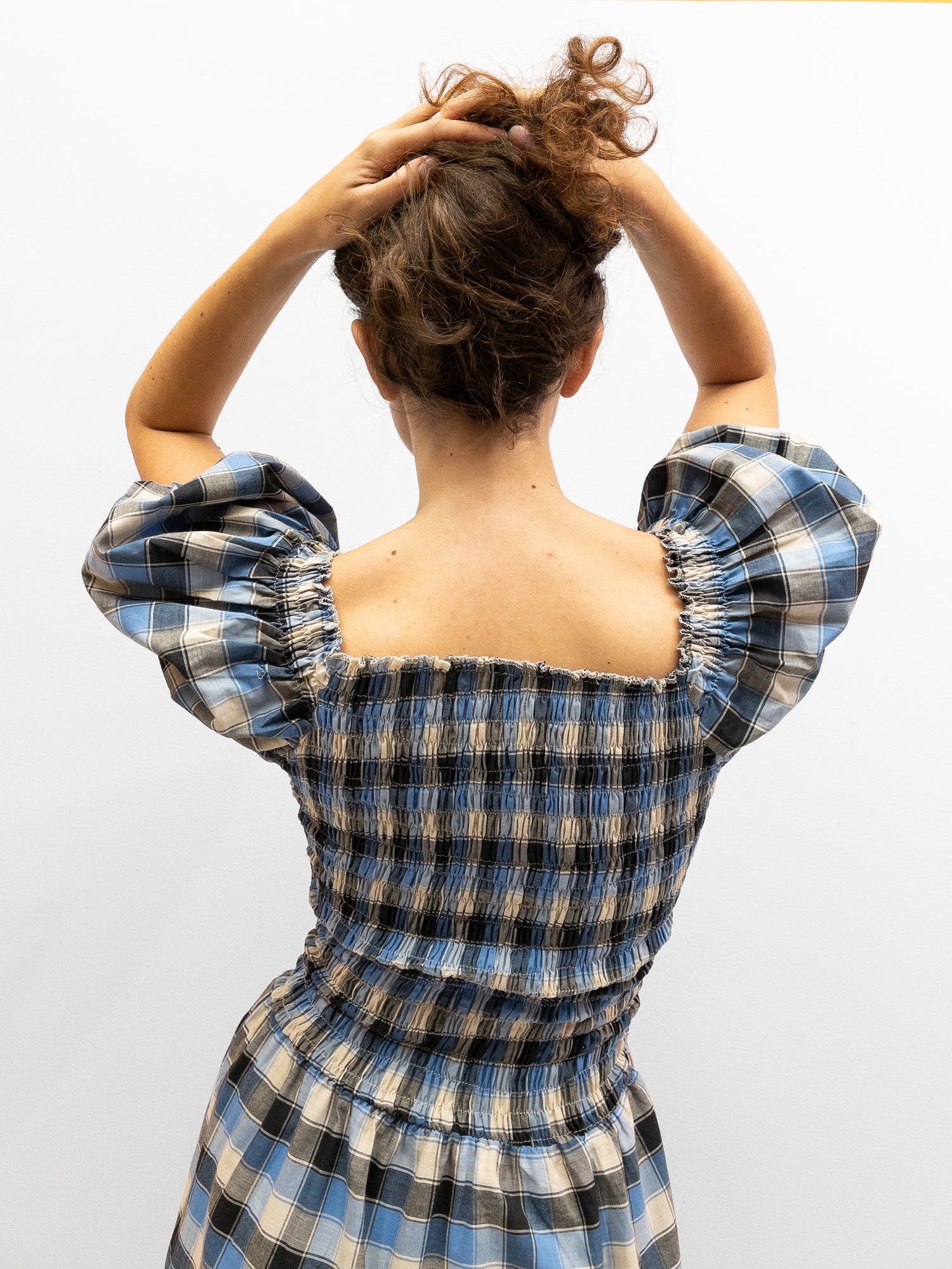 Off Shoulder Smock Dress Short - Light Blue Check