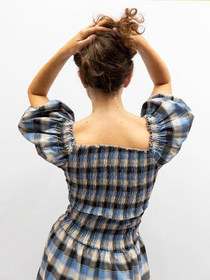 Off Shoulder Smock Dress Short - Light Blue Check