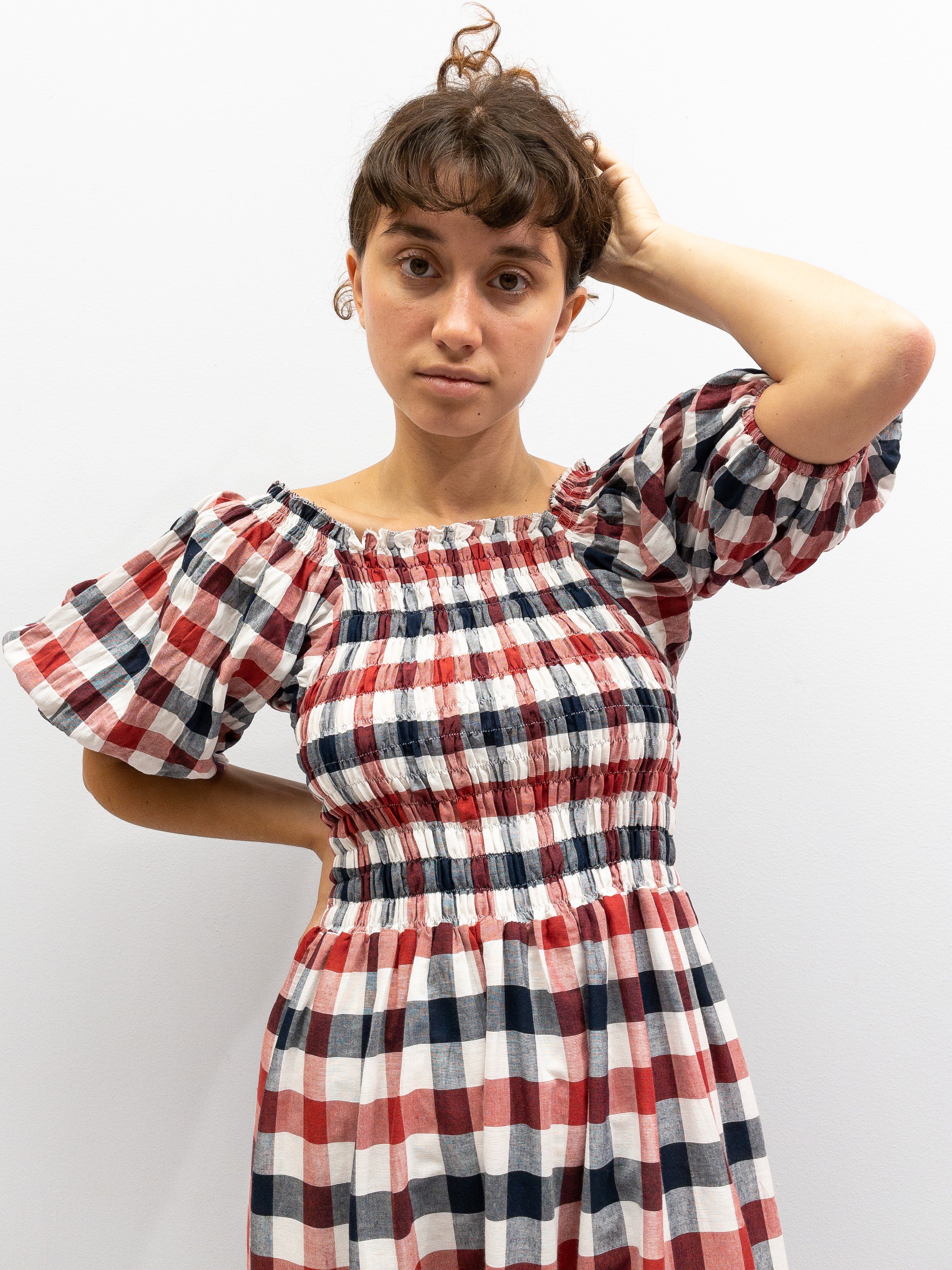 Off Shoulder Smock Dress - Red/Black/White Plaid