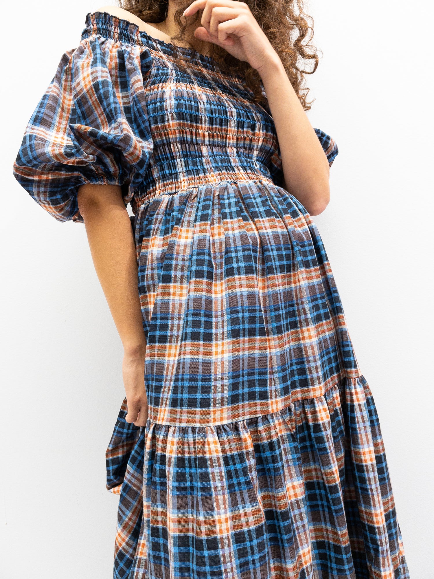 Off Shoulder Smock Dress - Blue/Brown Plaid