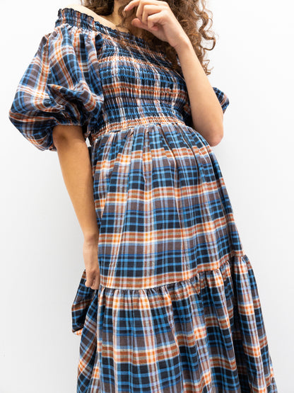 Off Shoulder Smock Dress - Blue/Brown Plaid