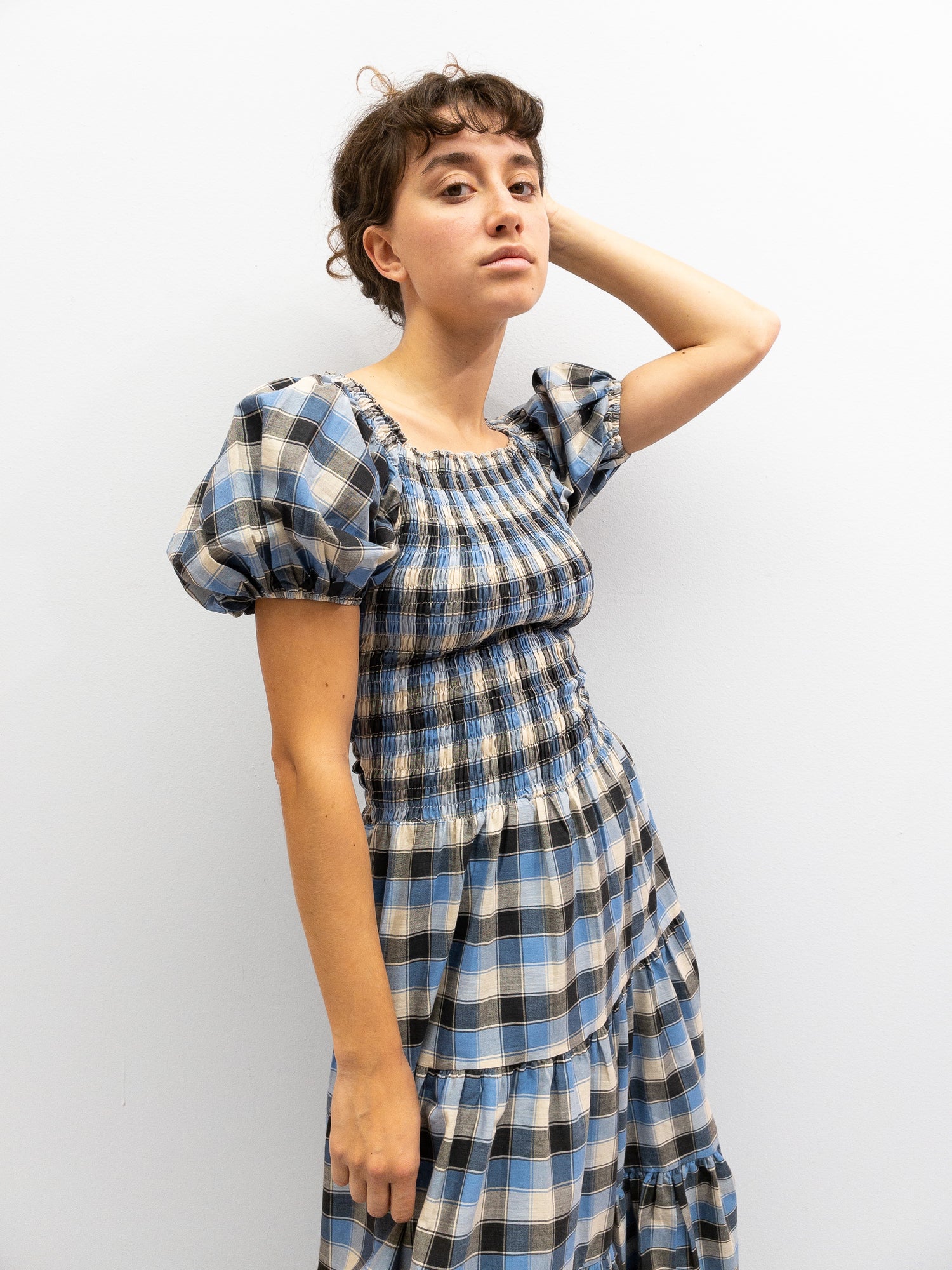 Off Shoulder Smock Dress Short - Light Blue Check