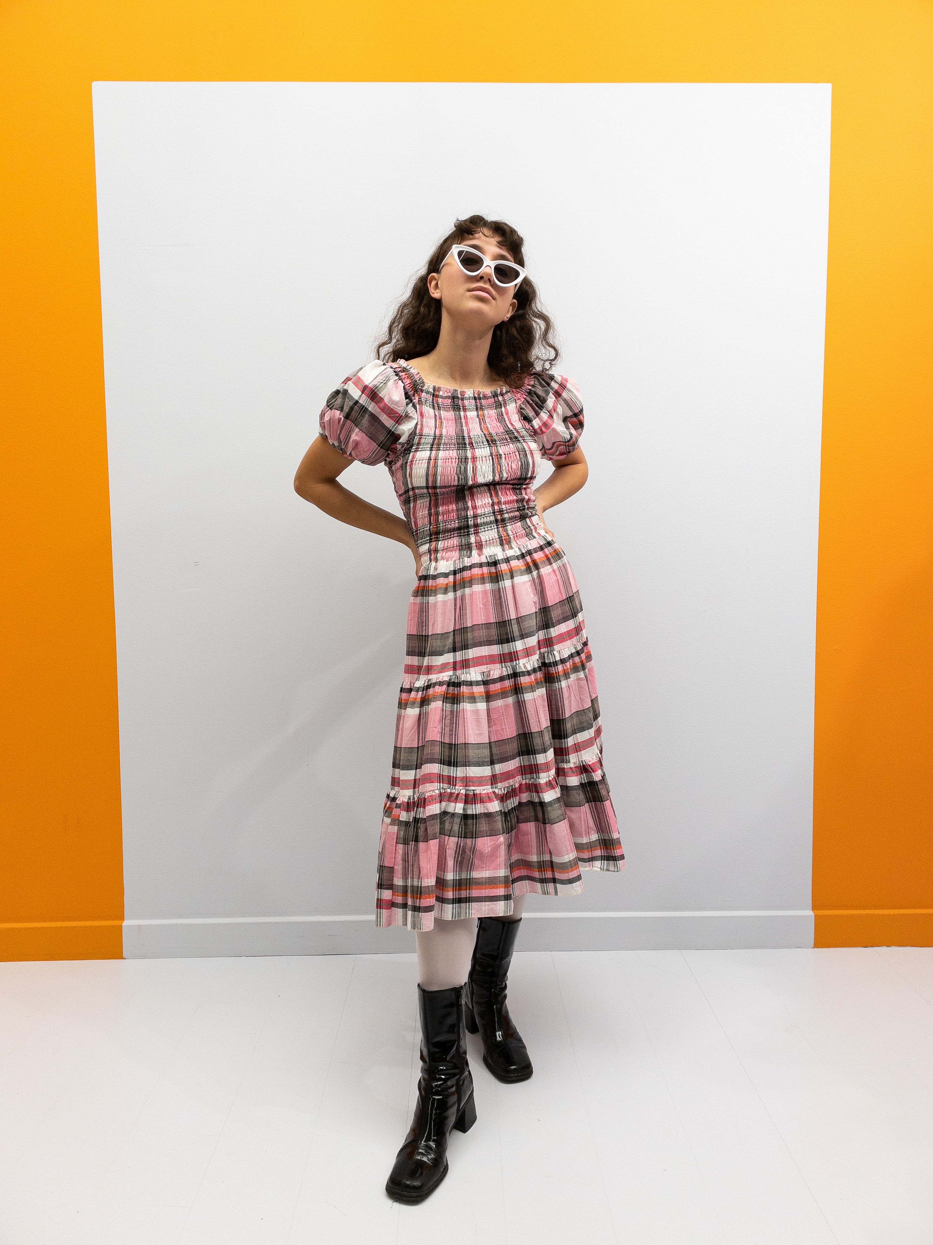 Off Shoulder Smock Dress Short - Pink Check
