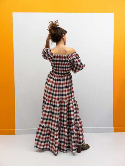 Off Shoulder Smock Dress - Red/Black/White Plaid
