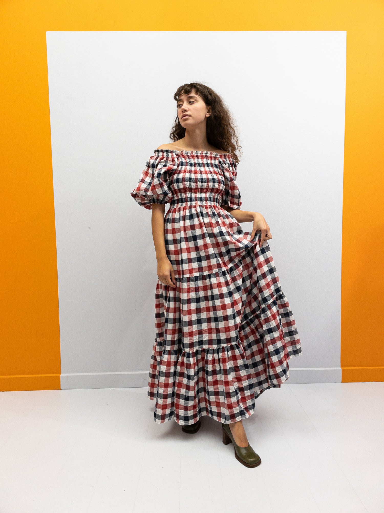 Off Shoulder Smock Dress - Red/Black/White Plaid