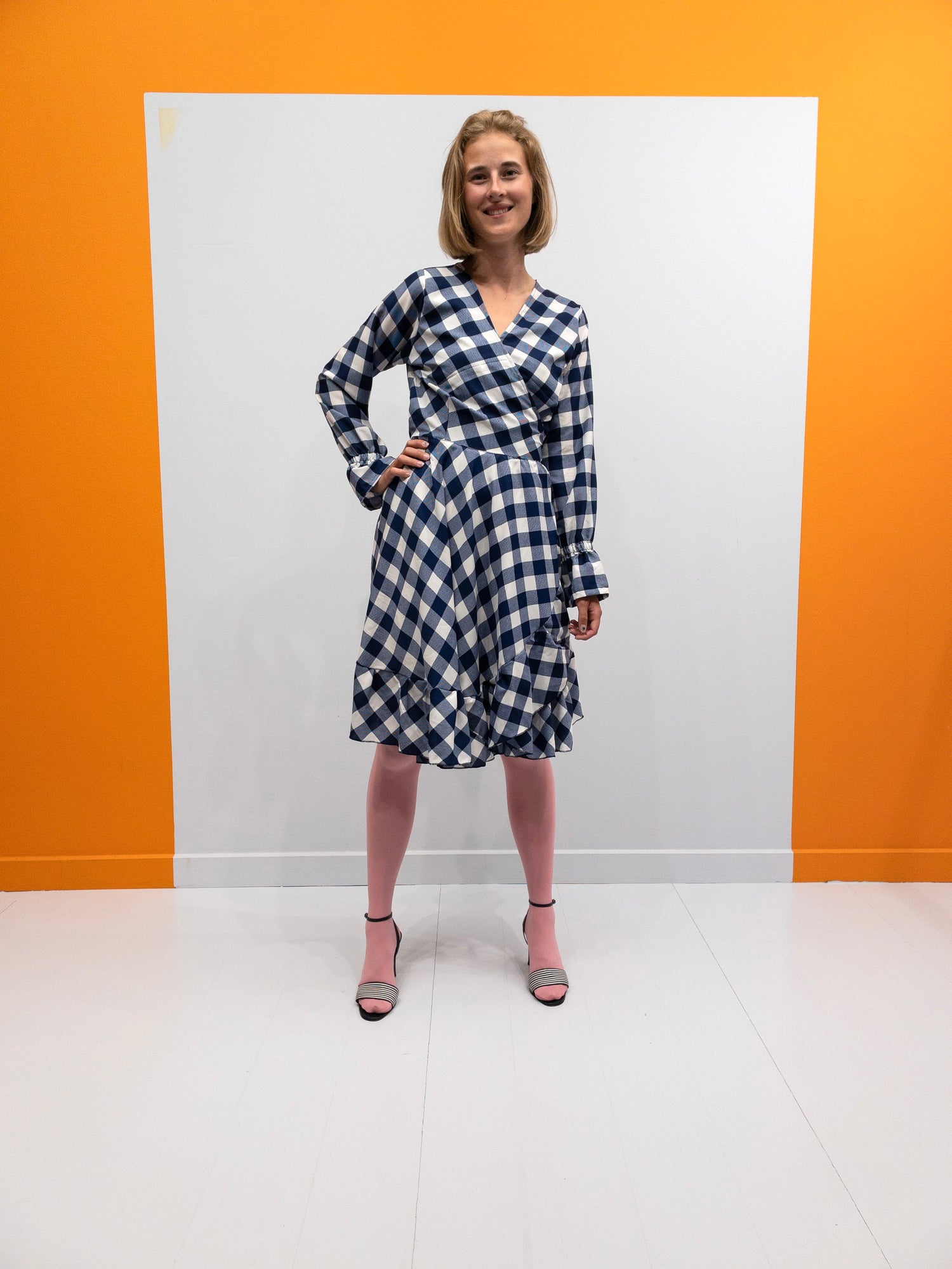 Ruffle Wrap Dress Short - Blue/White Check