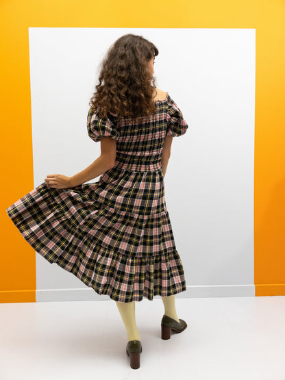 Off-Shoulder Smocked Dress Short - Pink/Yellow Check