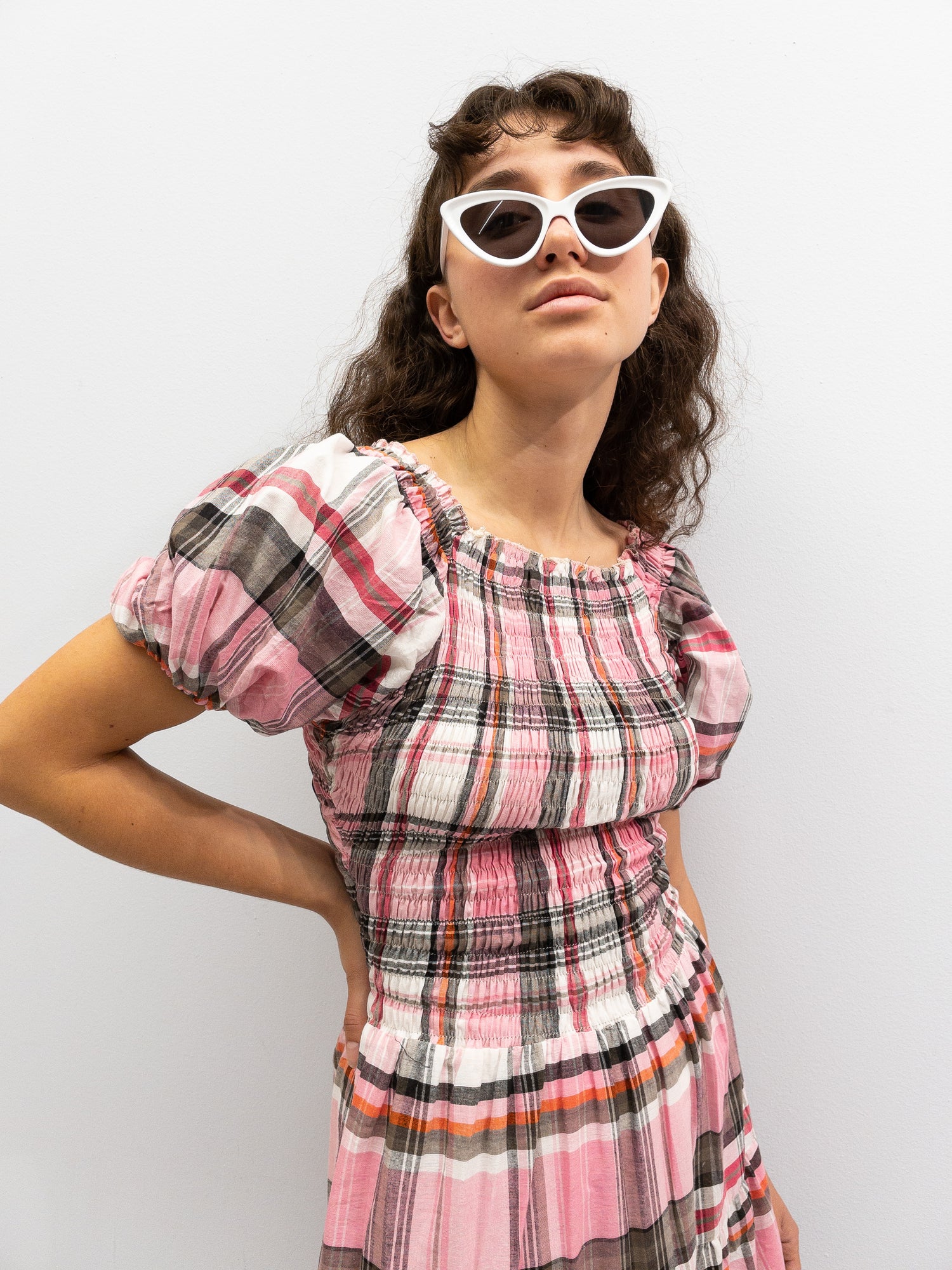 Off Shoulder Smock Dress Short - Pink Check