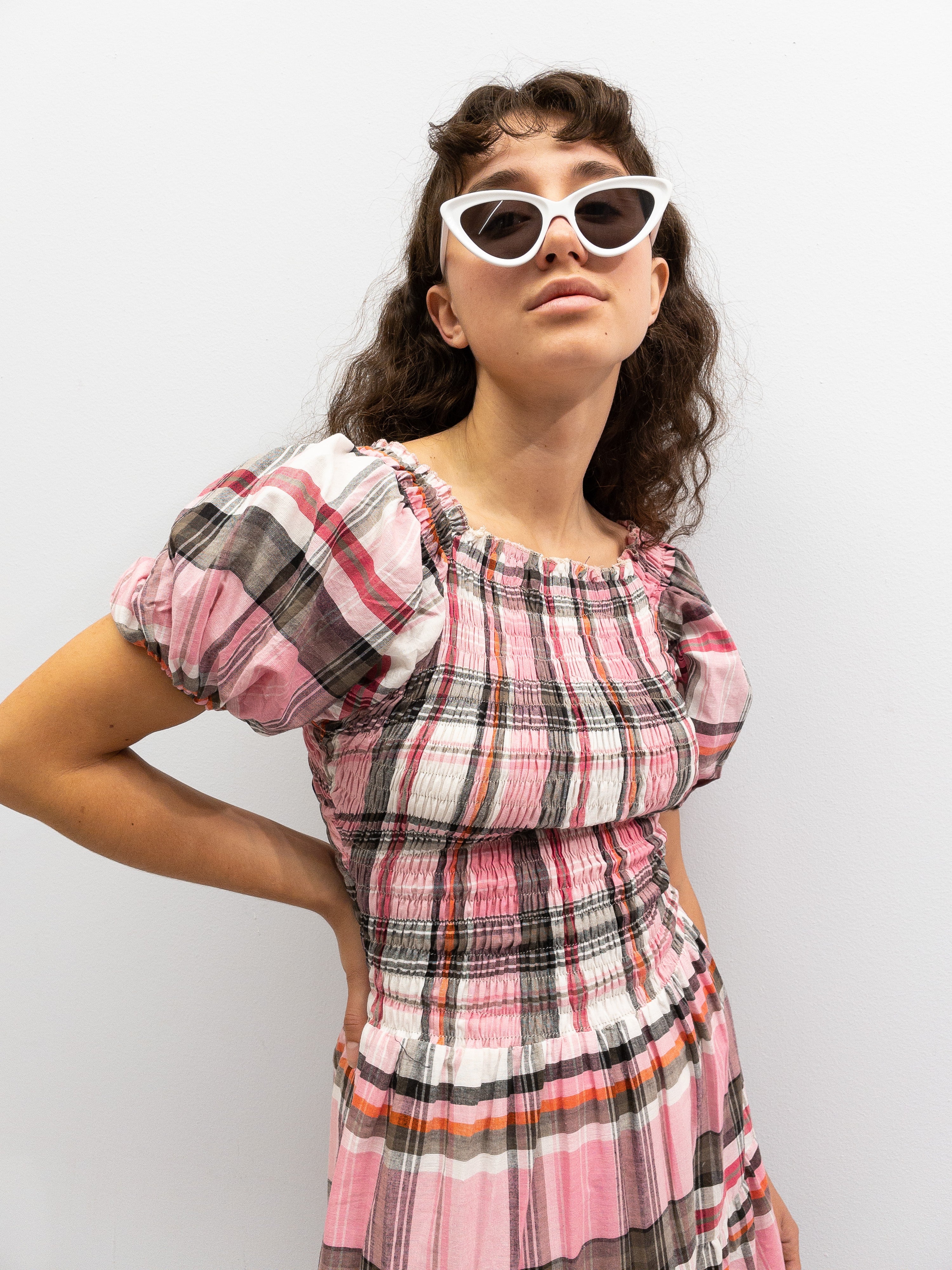 Off Shoulder Smock Dress Short - Pink Check