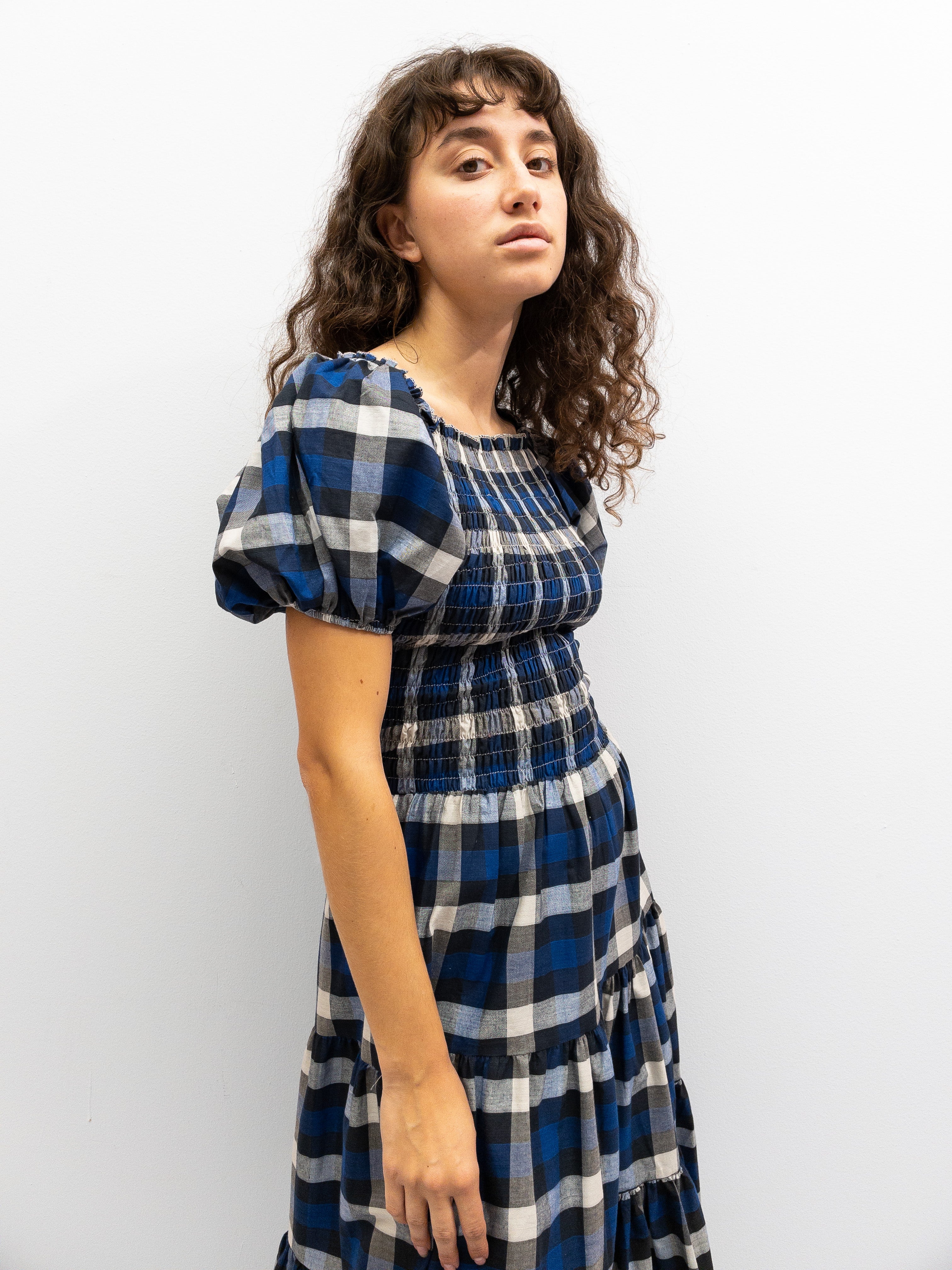 Off Shoulder Smock Dress Short - Dark Blue Check
