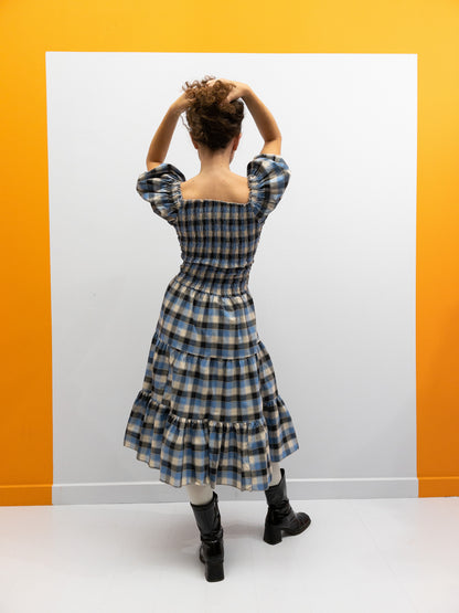 Off Shoulder Smock Dress Short - Light Blue Check