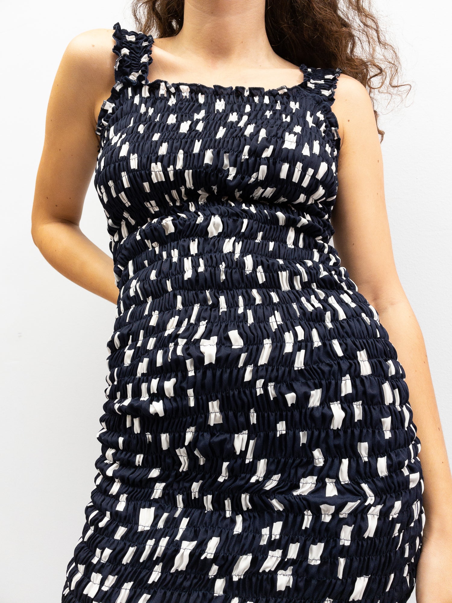 Smocked Pencil Dress - White Check