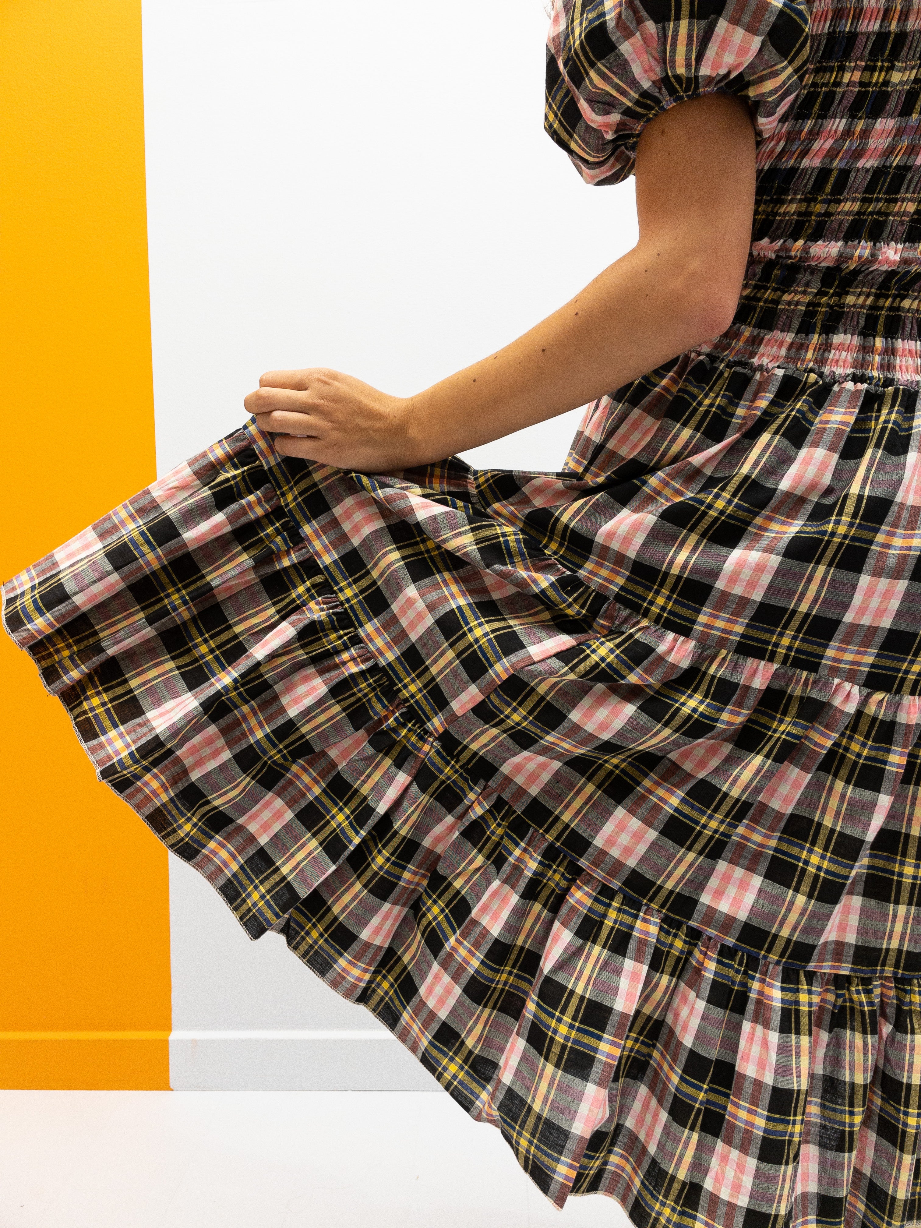 Off-Shoulder Smocked Dress Short - Pink/Yellow Check