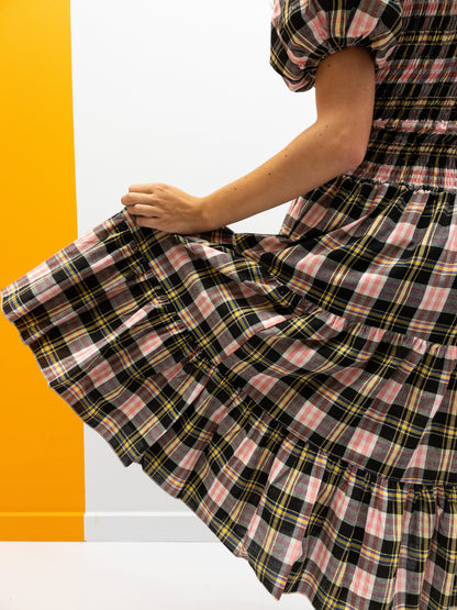 Off-Shoulder Smocked Dress Short - Pink/Yellow Check