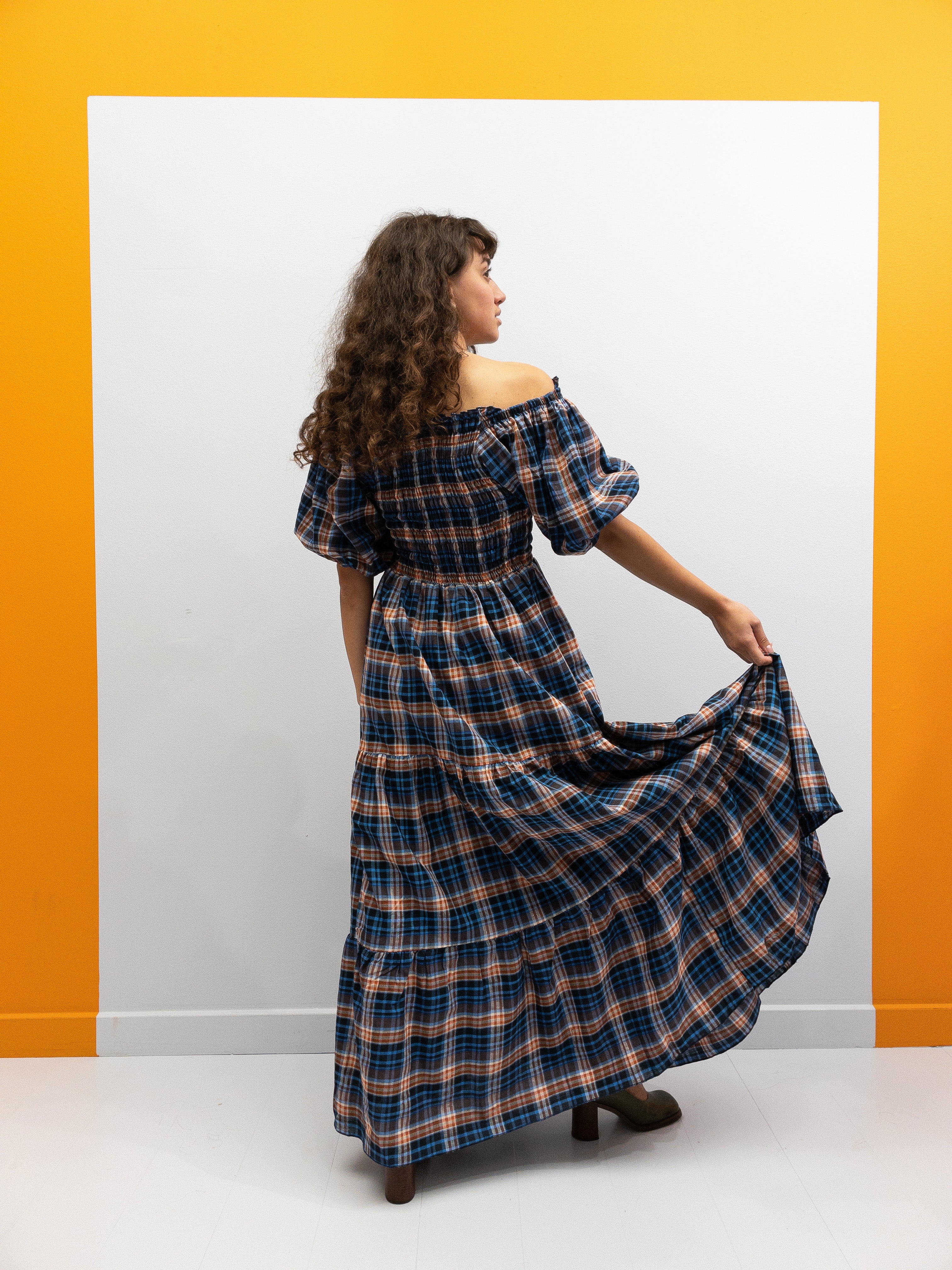 Off Shoulder Smock Dress - Blue/Brown Plaid