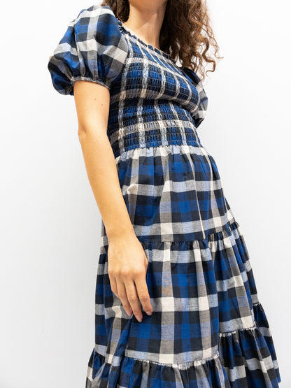 Off Shoulder Smock Dress Short - Dark Blue Check