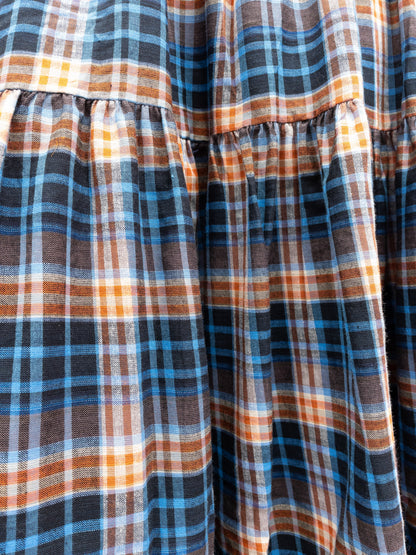 Off Shoulder Smock Dress - Blue/Brown Plaid