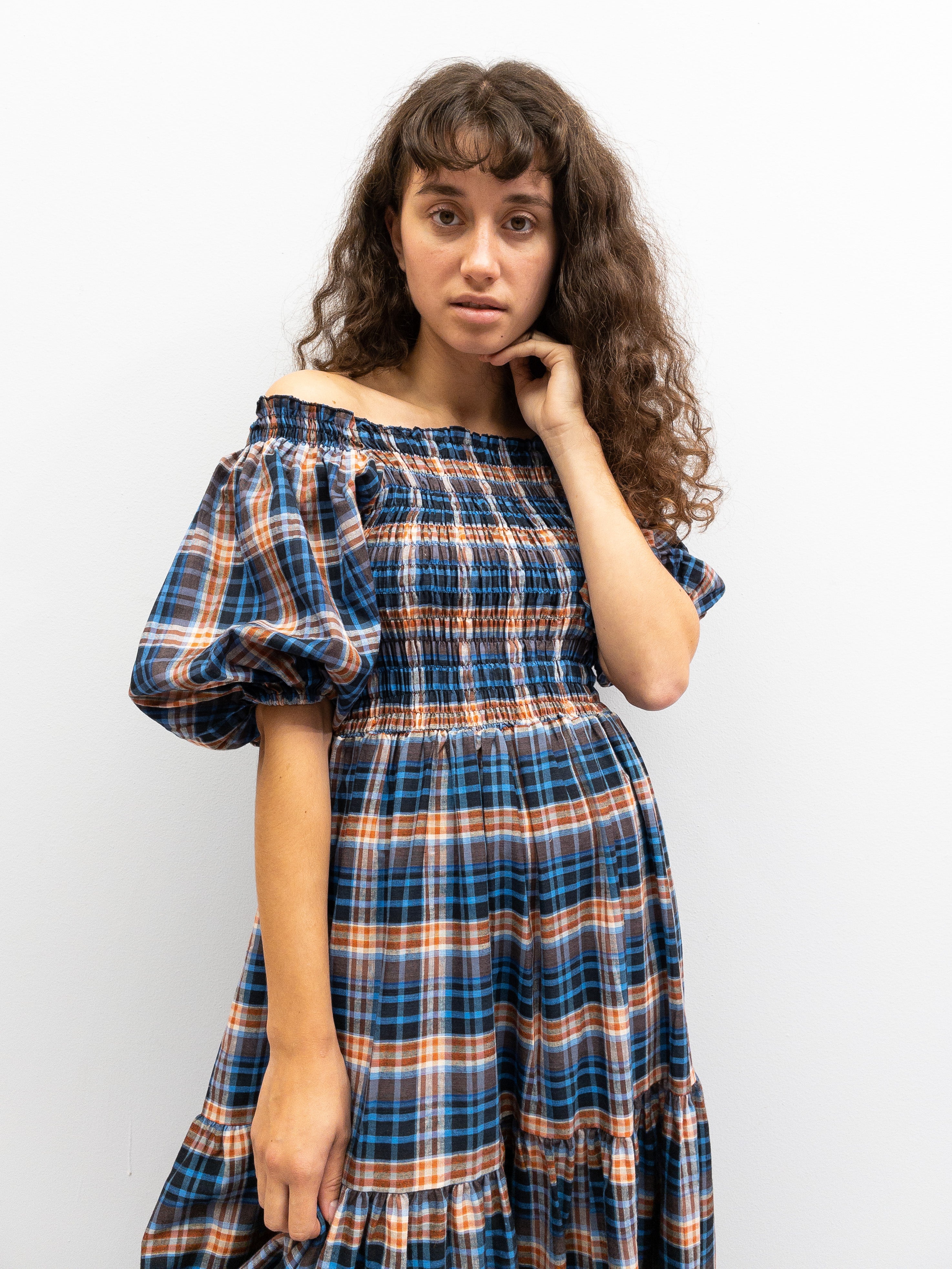 Off Shoulder Smock Dress - Blue/Brown Plaid