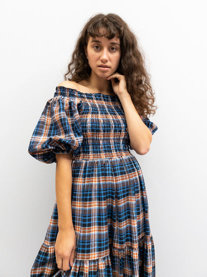 Off Shoulder Smock Dress - Blue/Brown Plaid