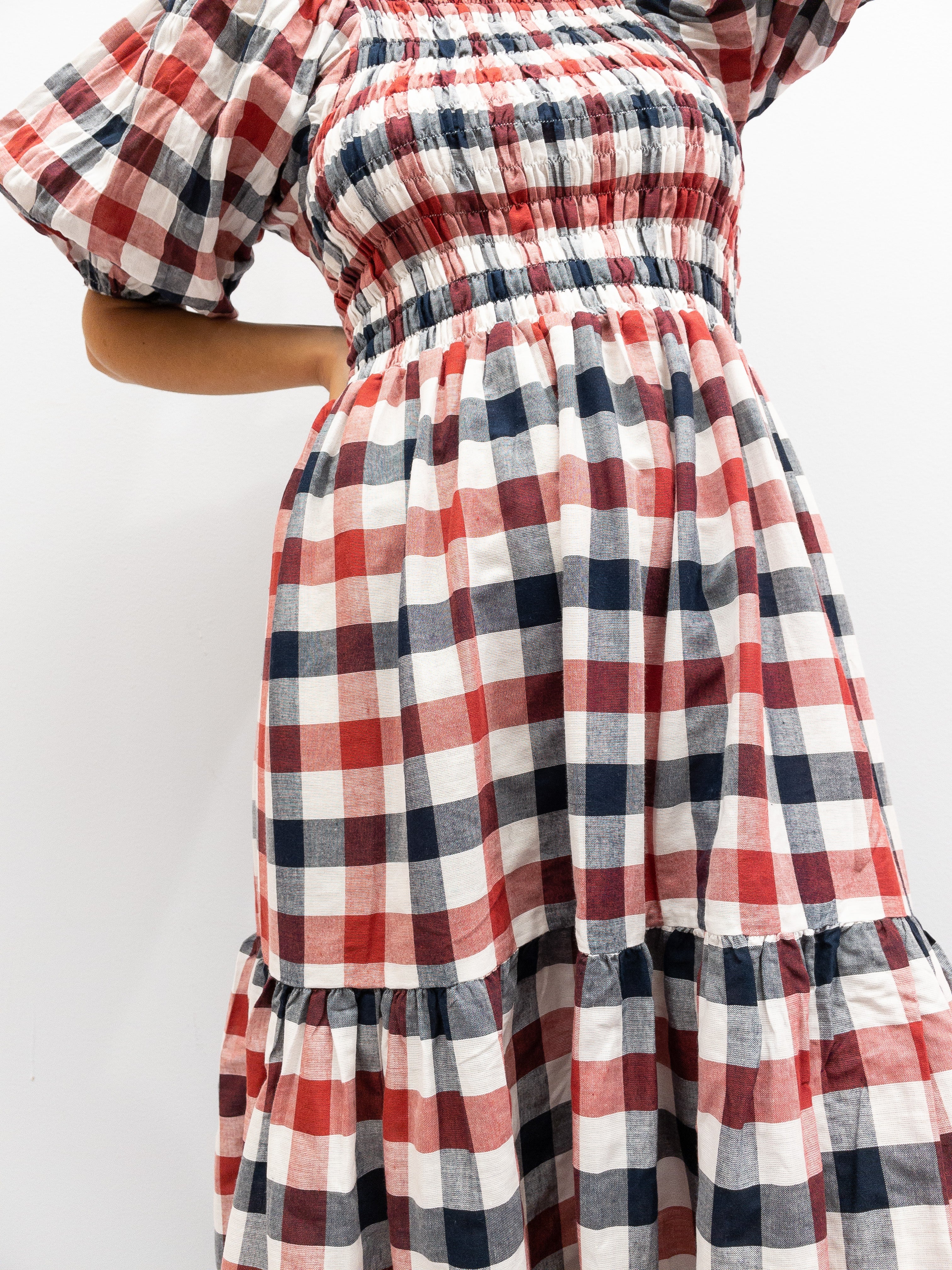 Off Shoulder Smock Dress - Red/Black/White Plaid