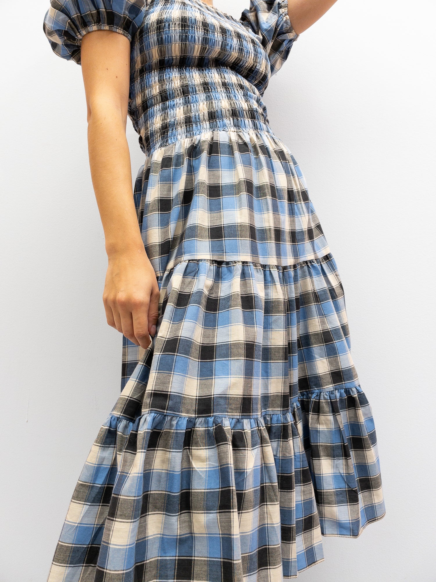 Off Shoulder Smock Dress Short - Light Blue Check