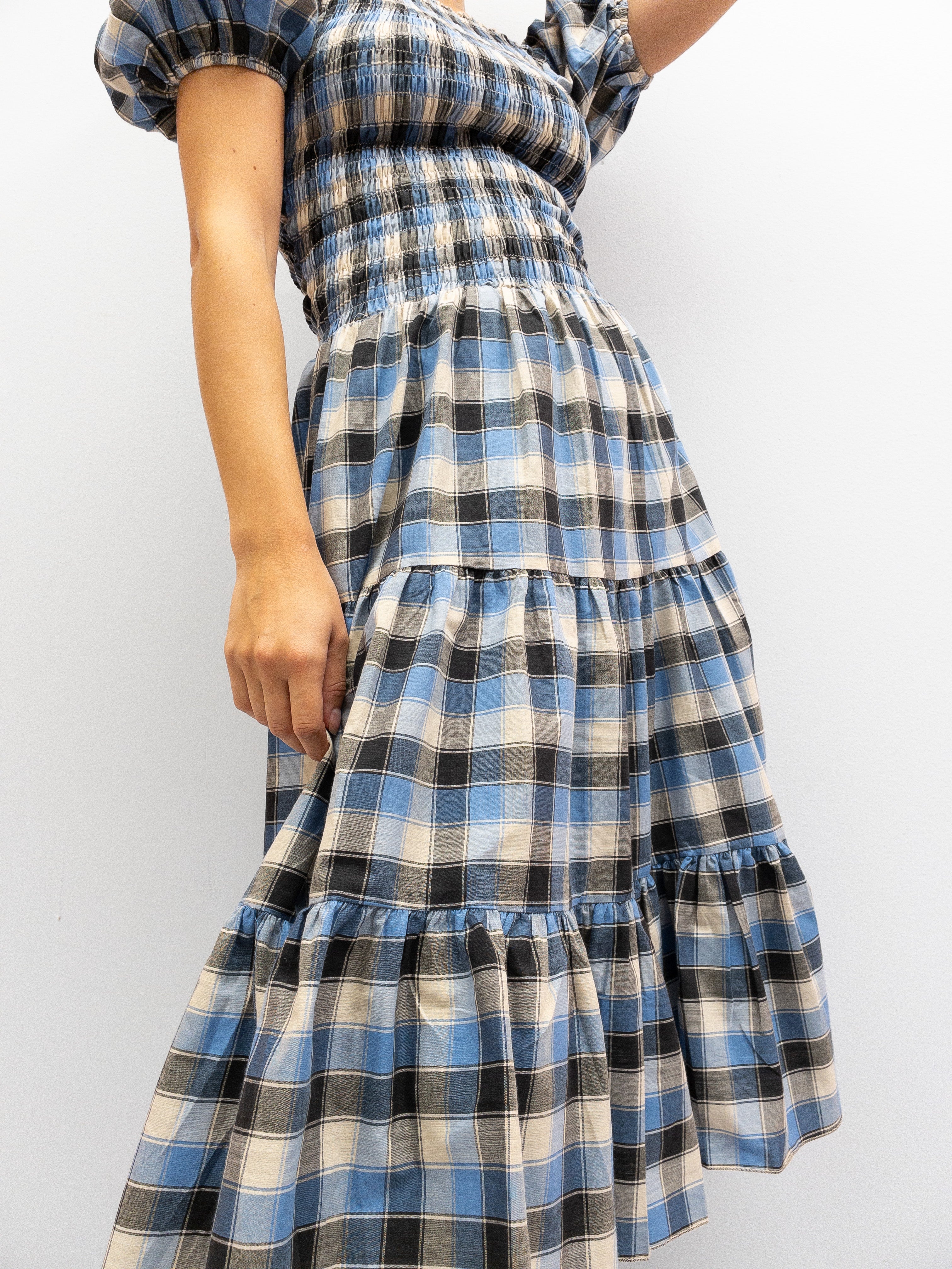 Off Shoulder Smock Dress Short - Light Blue Check