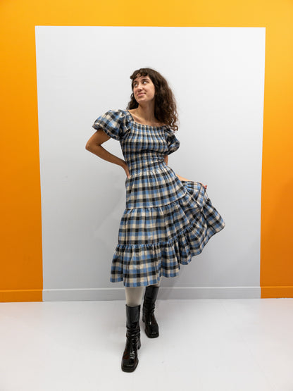 Off Shoulder Smock Dress Short - Light Blue Check