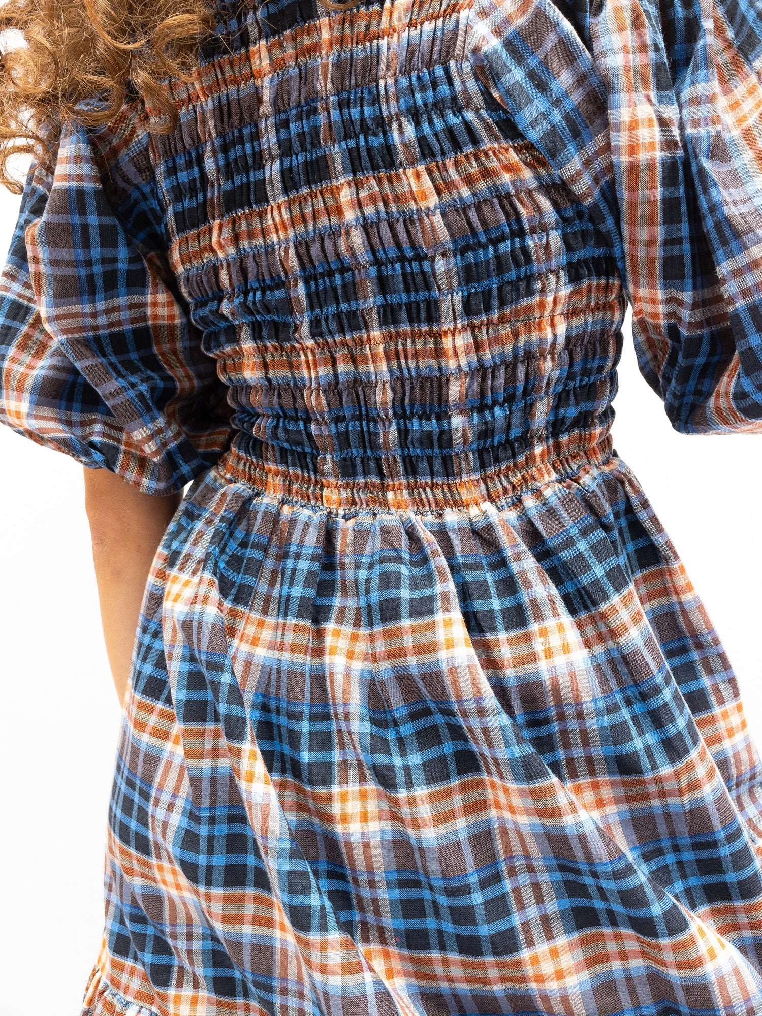 Off Shoulder Smock Dress - Blue/Brown Plaid