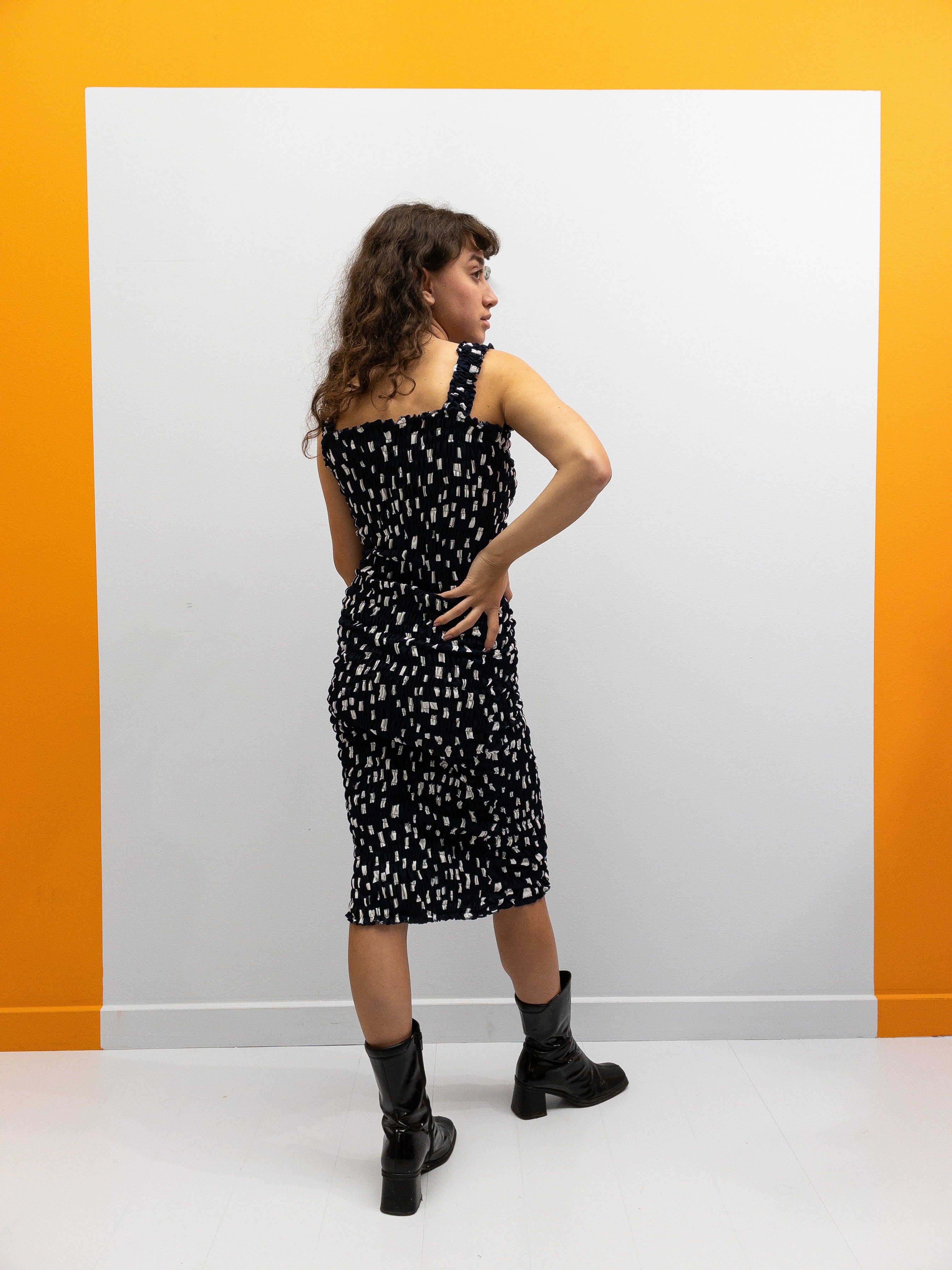 Smocked Pencil Dress - White Check