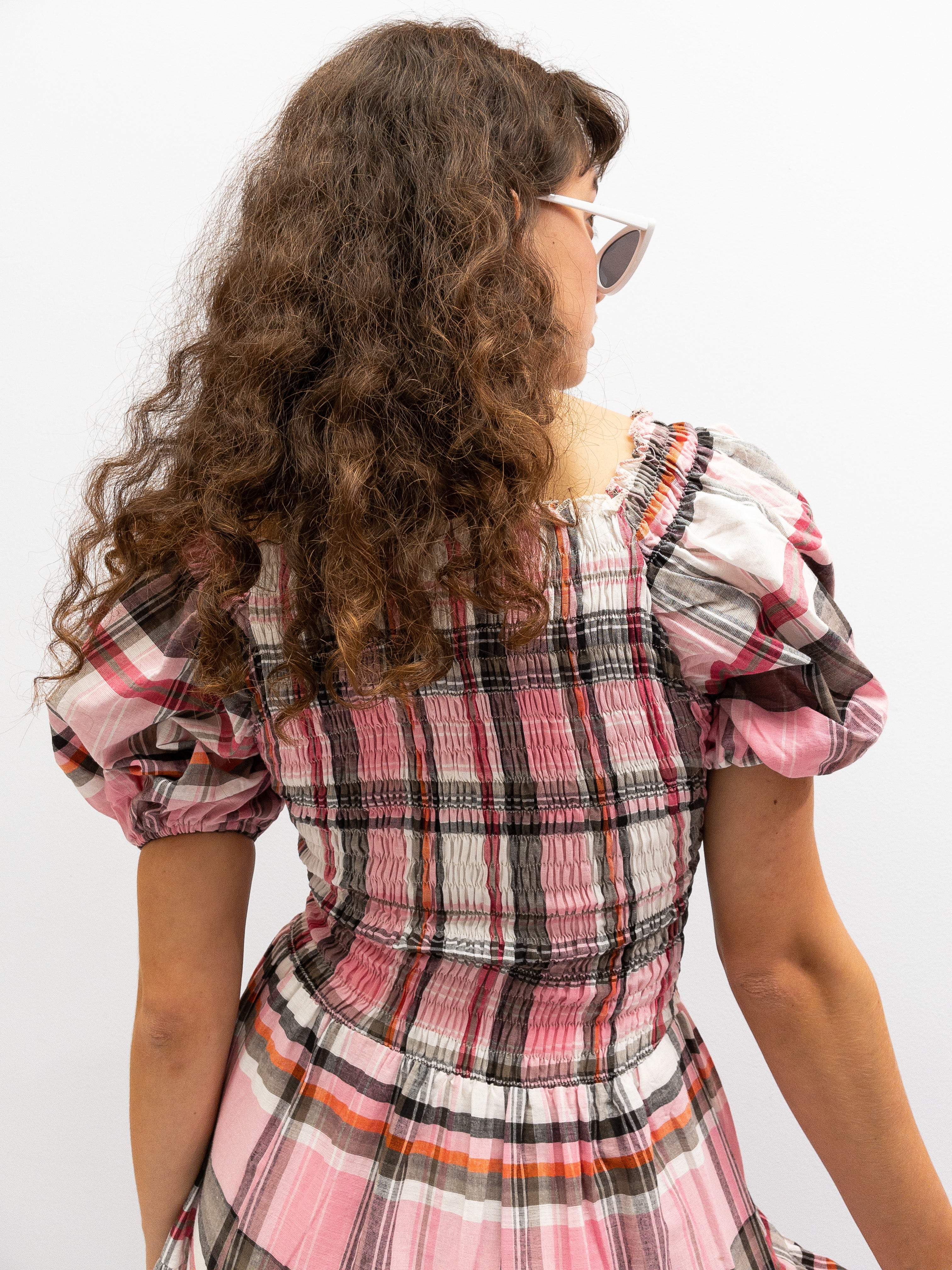 Off Shoulder Smock Dress Short - Pink Check