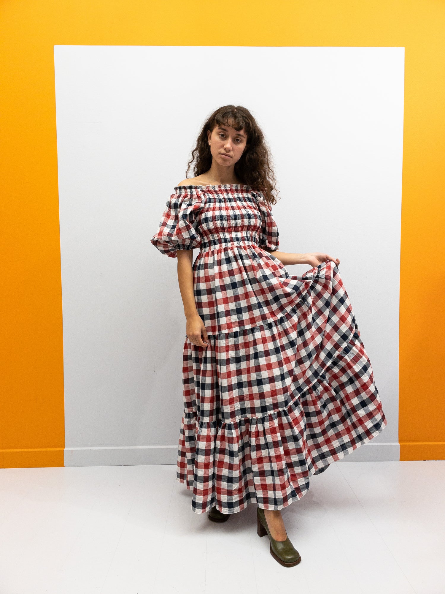 Off Shoulder Smock Dress - Red/Black/White Plaid