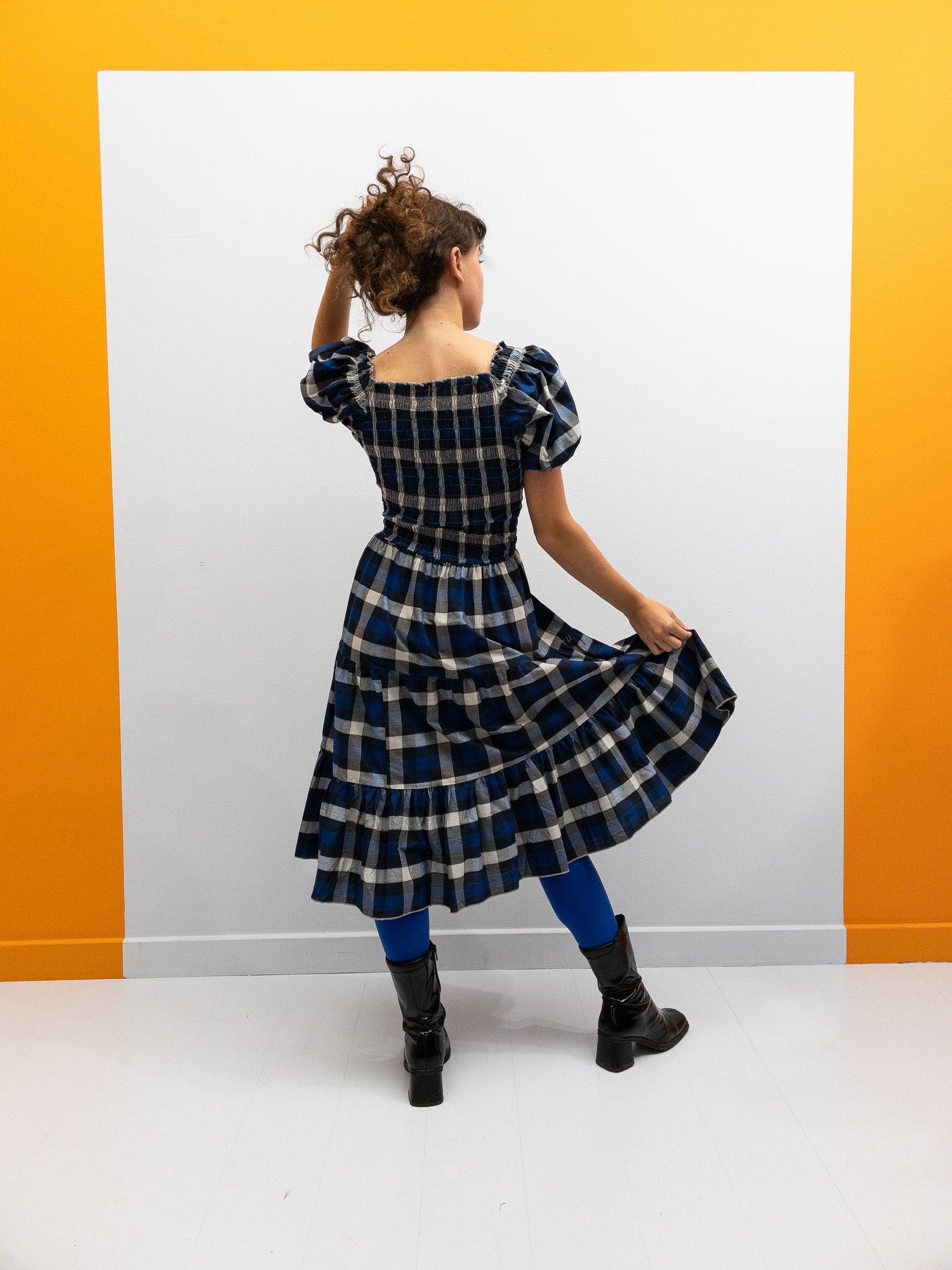 Off Shoulder Smock Dress Short - Dark Blue Check