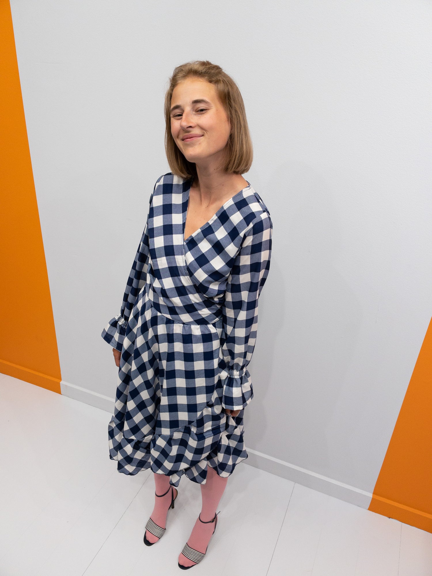 Ruffle Wrap Dress Short - Blue/White Check