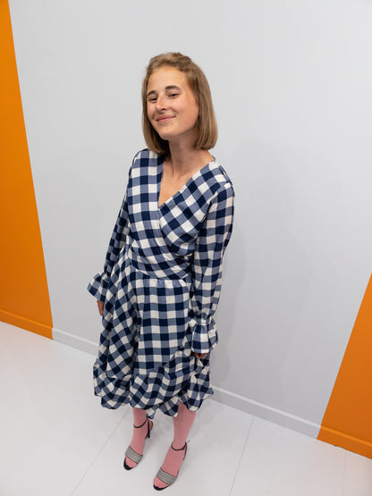 Ruffle Wrap Dress Short - Blue/White Check