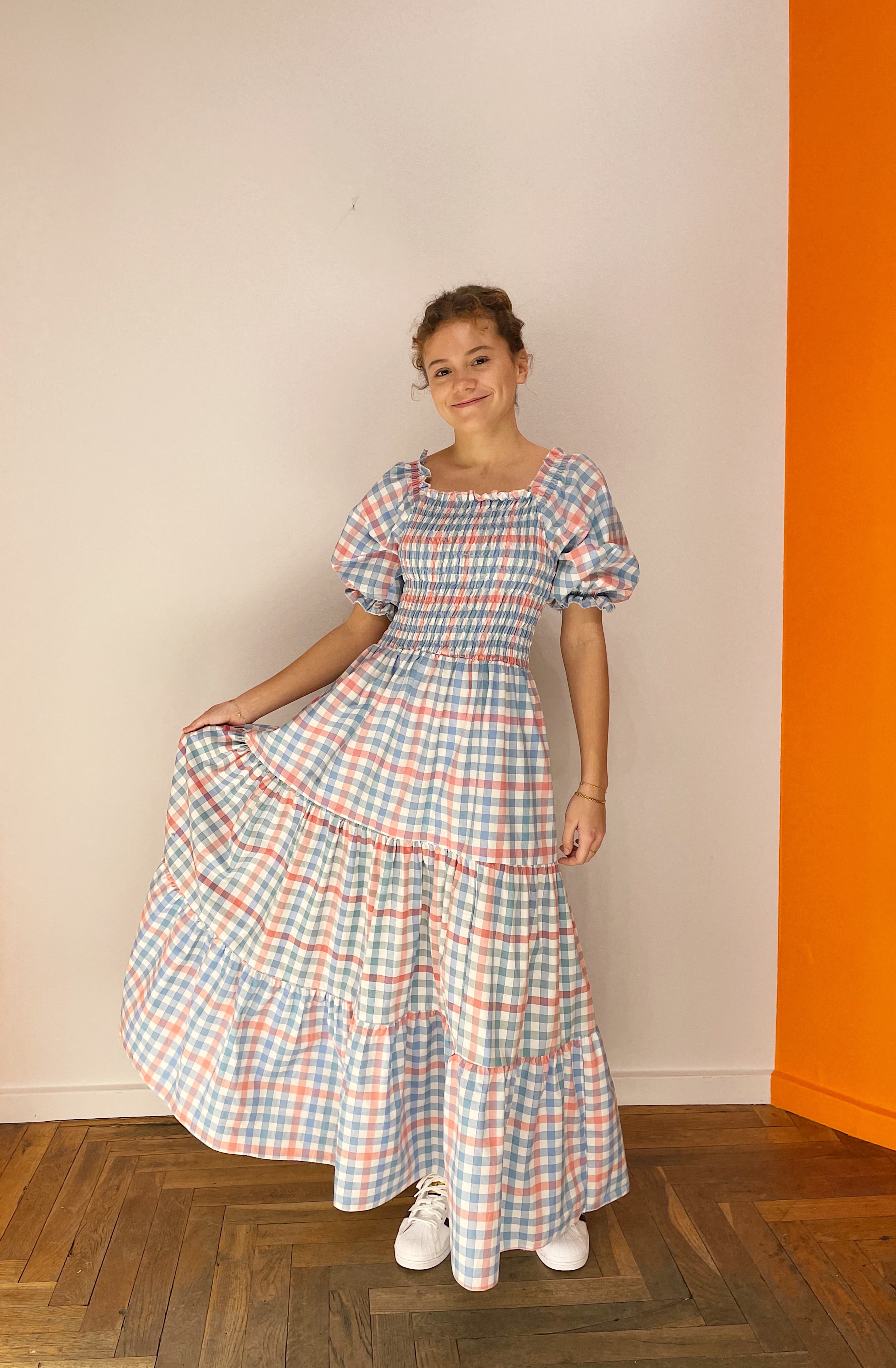 Off Shoulder Smock Dress - Blå/ Lyserød/ Hvid Tern