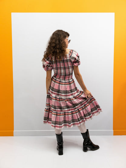 Off Shoulder Smock Dress Short - Pink Check