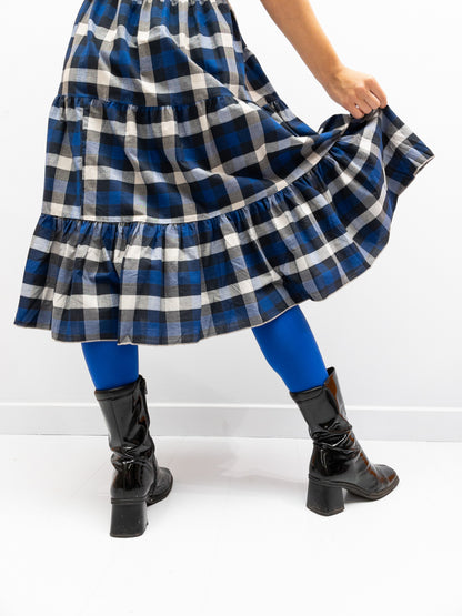 Off Shoulder Smock Dress Short - Dark Blue Check